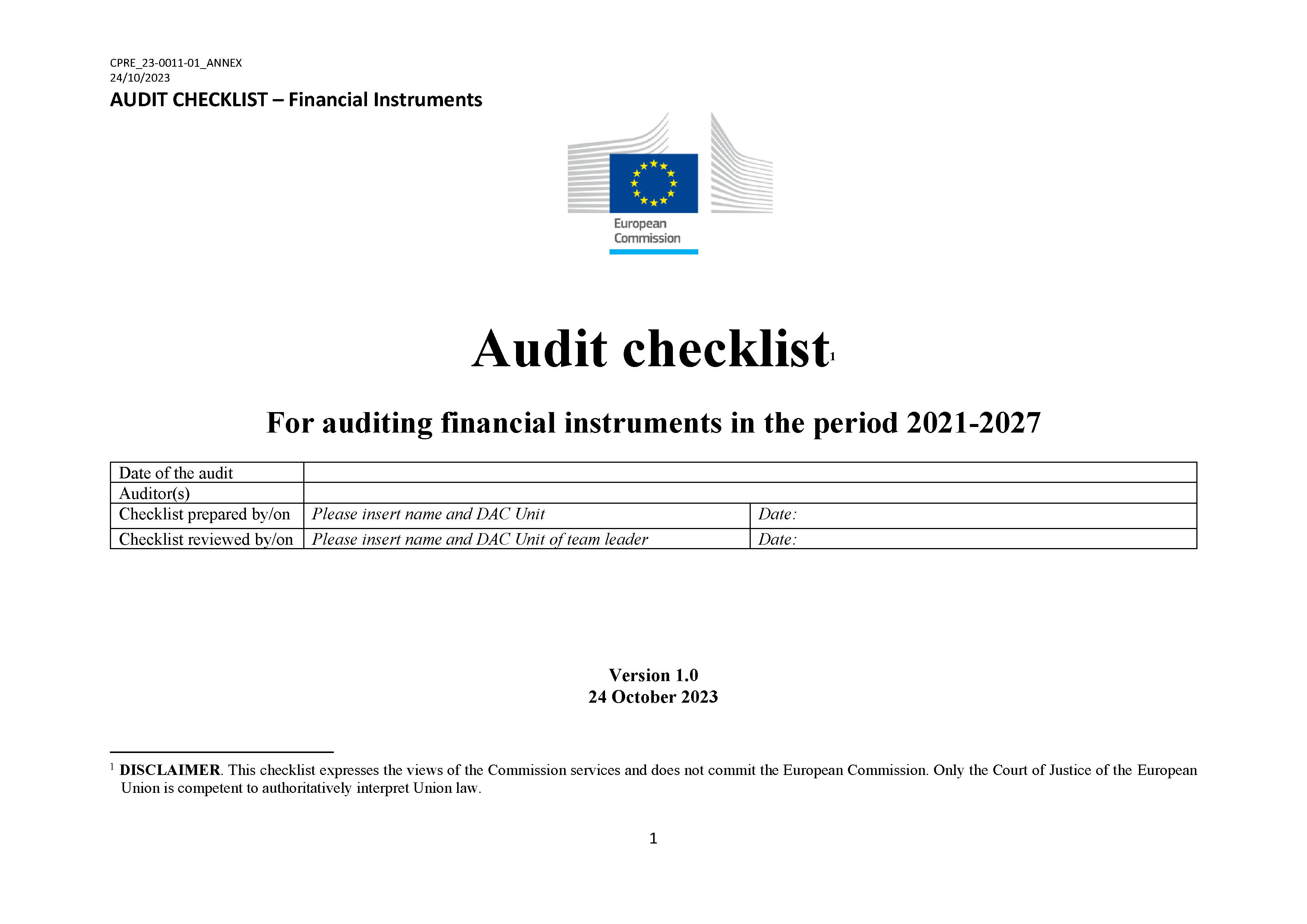 Audit methodology for auditing financial instruments, programming period 2021-2027