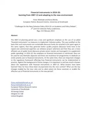 Financial instruments in 2014-2020: learning from 2007-13 and adapting to the new environment