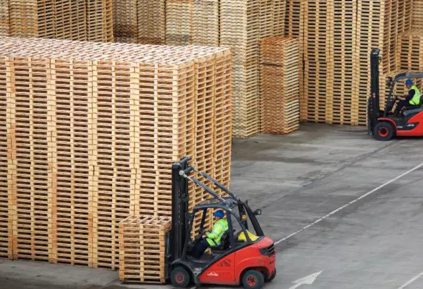 Men moving wooden pallets on forklifts in a warehouse Men moving wooden pallets on forklifts in a warehouse